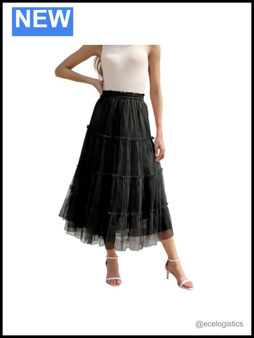 Women's Long Tulle Skirt Ruffle Layered Midi Tutu High Waist Elastic